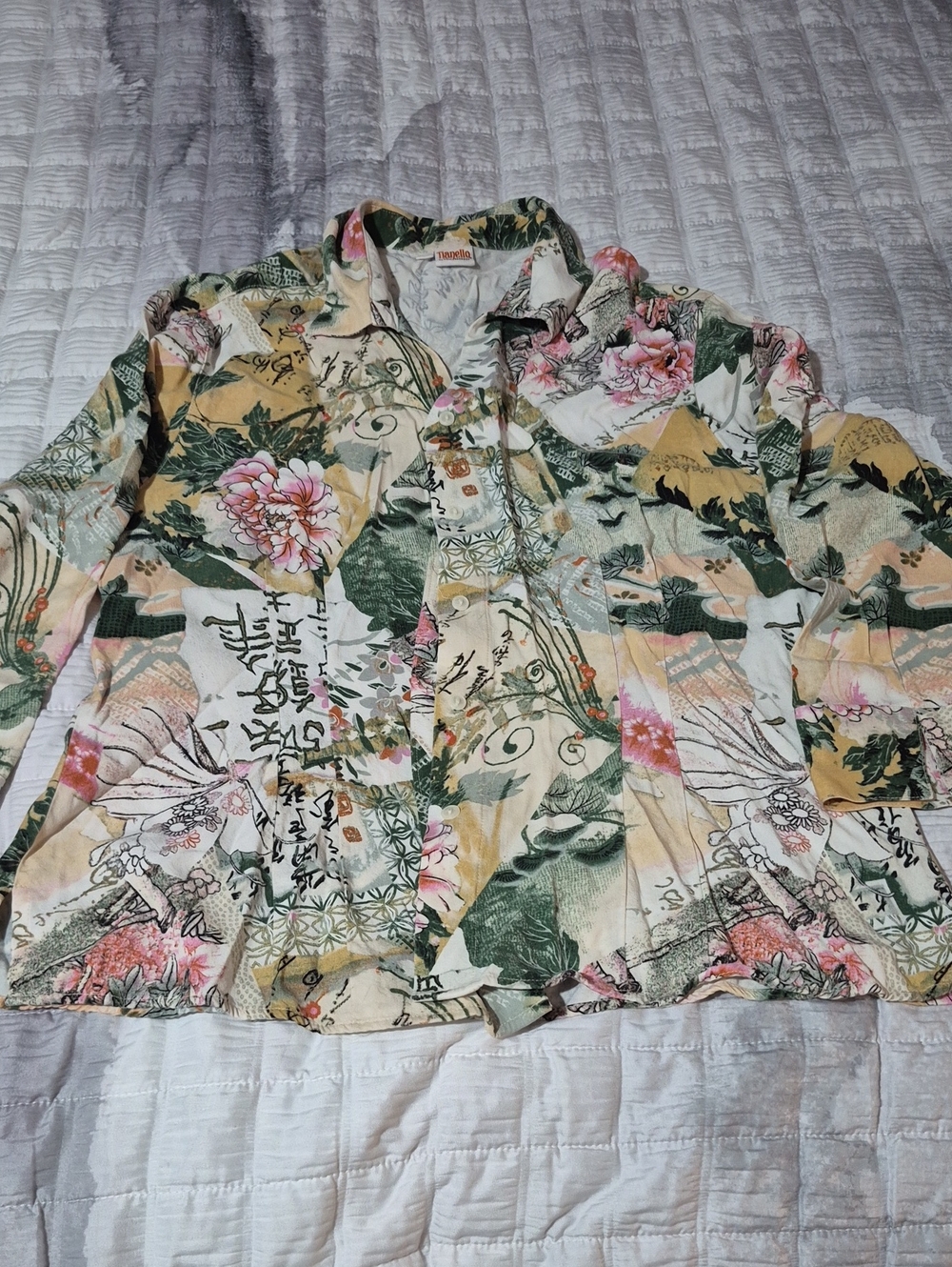 Tianello Floral Trim Button-Up Shirt in Green, Cream & Pink